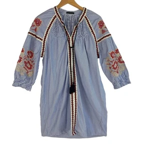 Signature Studio besticktes Boho Tunika Kleid M Chambray blau gestreift Coastal - Bild 1 von 10