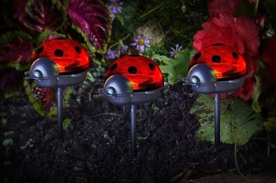 3x Solar Powered Ladybird Stake Lights Novelty Outdoor Lamps Animal Patio Border - Image 1 of 2