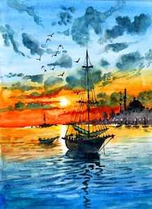 Fischerboot im Hafen, Boot bei Sonnenuntergang, schöner Sonnenuntergang, Küstenkunstdruck - Bild 1 von 2