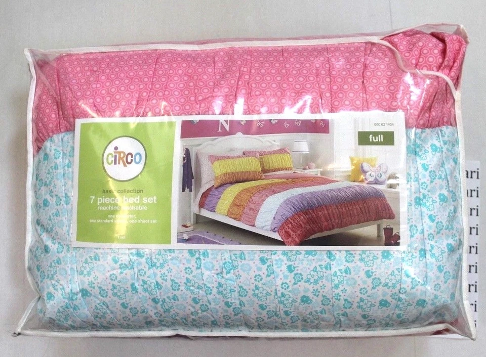 Circo 7 PC Full Bed Set Banded Pink Purple Orange Yellow Comforter Shams Sheets