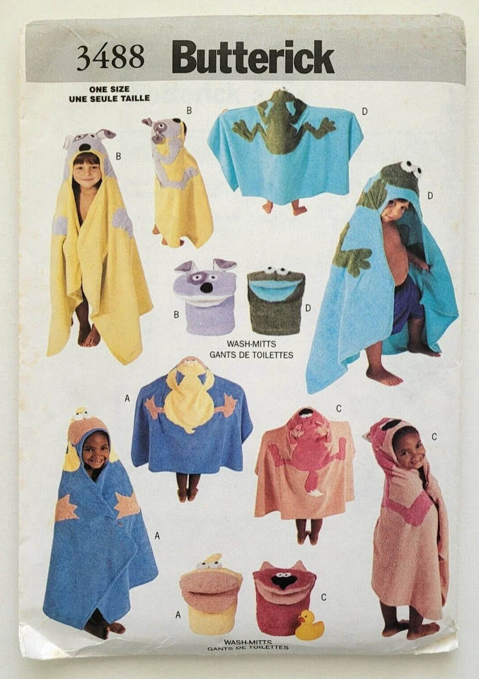 Butterick 3488 Kids Bath Towels Mitts 4 Designs Sewing Pattern Uncut One Size