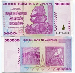 Zimbabwe 500 Million Dollars AA 2008 P82 AA Prefix from 100 Trillion Series XF - Picture 1 of 1