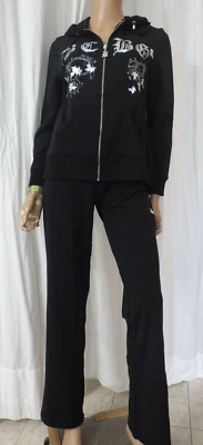 NWT BCBG sz XL (Bust42) 95% cotton BLACK & SILVER LEAF VINE PRINT 2PC TRACKSUIT - Image 1 of 4