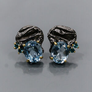 Natural Irradiated Blue Topaz Earrings Silver 925 Sterling   /E79727