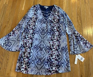 New NWT Speechless A-Line Dress Women’s Medium Blue Flower Lined Flare Sleeve - Picture 1 of 6
