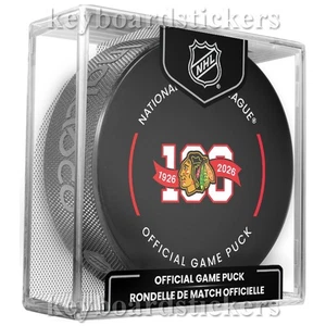 Disco de juego oficial 100 aniversario Chicago Blackhawks 2025-26 con cubo - EN STOCK - Imagen 1 de 5