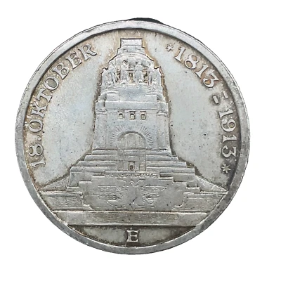 1913 E Germany 3 Mark Saxony Albertine Battle -Leipzig Unc. Silver Coin KM#1275 - Image 1 of 4