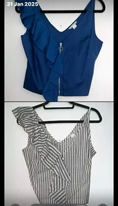 2 x H&M Woman size 12 Blue White Black Striped Short Crop Ruffle Blouse Vest Top - Picture 1 of 13