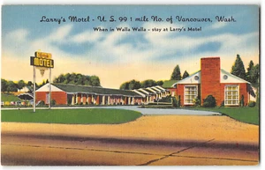 Postal de lino Larry's Motel Vancouver, WA Walla Walla EE. UU. 99 Roadside años 40 - Imagen 1 de 2