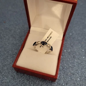 Madagascar Blue Sapphire & Zircon ring Platinum over Sterling Silver - Picture 1 of 4
