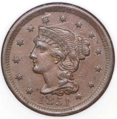 1851 1c Braided Hair Large Cent NGC MS 62 - Image 1 of 4