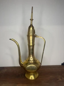 Original Etched Brass Ewer Oil Pitcher Teapot or Coffee Pot Vintage - Picture 1 of 5