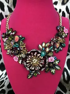 Betsey Johnson Surreal Forest Crystal Vitrail Flower Floral Bird Necklace $165 - Picture 1 of 8
