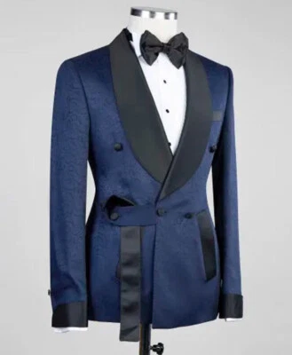 Men Suits Printed Tuxedo Shawl Lapel Belted Jacket Cotton Coat Formal Business - Image 1 of 4