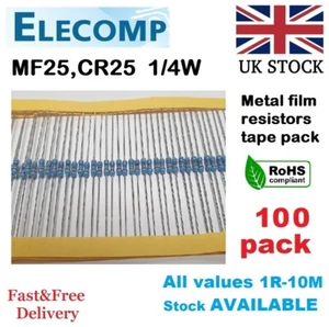 MF25 1/4W Resistors 1% All Values (0R-1K-10M) 100 Pack UK stock - Picture 1 of 6