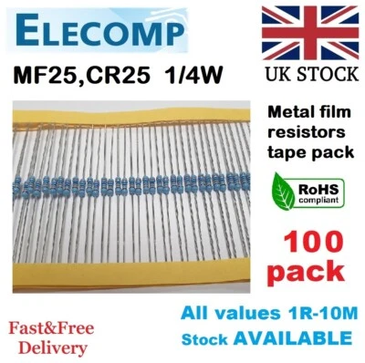 MF25 1/4W Resistors 1% All Values (0R-1K-10M) 100 Pack UK stock - Image 1 of 4