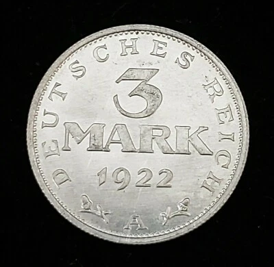 Germany 1922-A 3 Mark Coin Weimar Republic KM#29 Uncirculated - Image 1 of 4