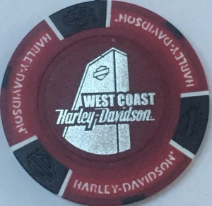 **NEW** GLASGOW, UNITED KINGDOM WEST COAST HARLEY DAVIDSON POKER CHIP (RED/BLK) - Picture 1 of 2
