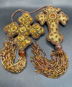 Pair of Vintage hand sewn, embroidered, gold cloth, beaded cross tassels - 8" - Picture 1 of 7