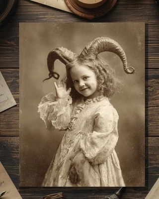 Tarjeta victoriana del día de la madre o del padre gótica niña demonio con cuernos en blanco por dentro Foto 1 de 4