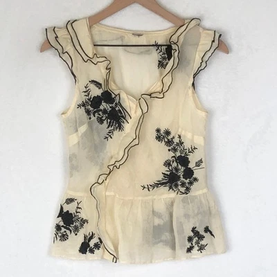 Gorgeous Floral Embroidered Linen Ruffle Top Sz S Ivory Sheer Peplum Feminine - Image 1 of 4