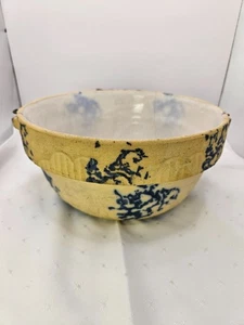 Vintage Antique Blue Spongeware Stoneware Handled Mixing Bowl Primitive - Picture 1 of 13