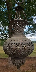 Vintage Pierced Brass Moroccan / Persian Pendant Teardrop Light Lantern 16” - Picture 1 of 15