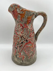 Red Vintage Pitcher Patterned Floral Motifs Studio Unusual Finish 10” Tall Chip - Picture 1 of 14