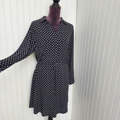 Nicole Miller Women's Shirt Dress Stretch Black Polka Dot Drawstring Lined Sz 14 - Image 1 of 4
