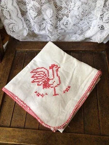 Finished CROSS STITCH dish towel. RED Stitch On White Rooster Approx 29” X 29” - Picture 1 of 5
