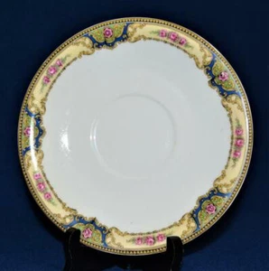 Atq ELITE LIMOGES France Pink FLOWERS by Cream Blue Border Pattern 6 3/4" Saucer - Picture 1 of 4