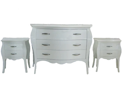 Trittico con comò bombato barocco  bianco e 02 comodini in legno massello - Immagine 1 di 4