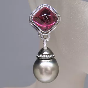 Brilliant Rubelite and Tahitian Pearl Drop Earrings in 750/18K White Gold - Picture 1 of 6