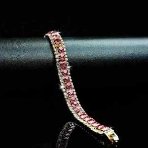 7 Ct Round Cut Lab Created Red Ruby Women's Bracelet Gift 14K Yellow Gold Plated - Picture 1 of 6