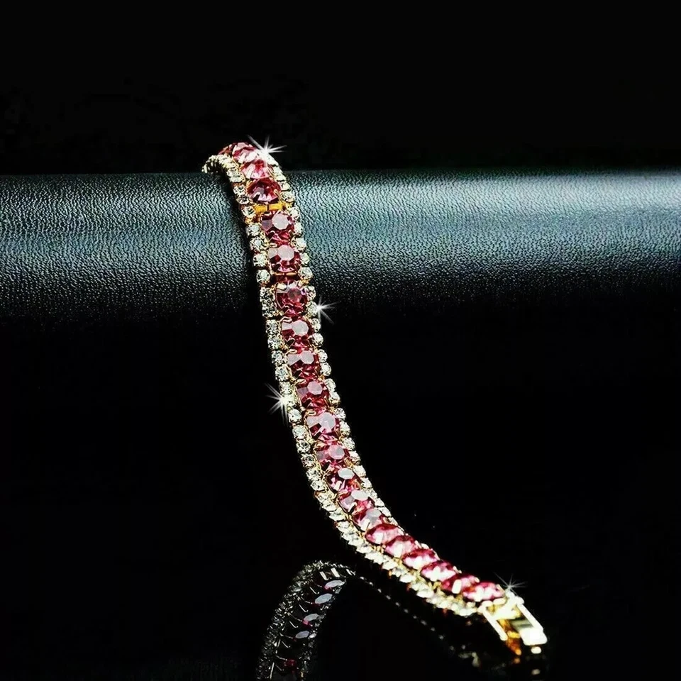 7 Ct Round Cut Lab Created Red Ruby Women's Bracelet Gift 14K Yellow Gold Plated - Image 1 of 4