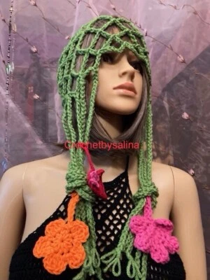 Gorro de malla neta borlas ganchillo verde regalo boho festival elegante 4 ganchillobysalina Foto 1 de 4