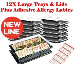 12X GRANDI Vassoi Piatti Sandwich in Plastica con Coperchi + 12 Etichette Adesive Anallergiche - Foto 1 di 12