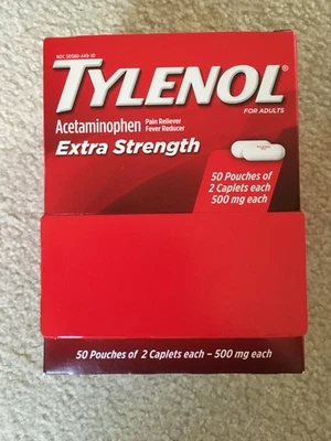 Acetaminofén Tylenol Extra Strength 500 mg (50 bolsas de 2 cápsulas ea.) 10/2028 Foto 1 de 4