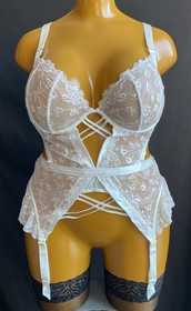 Ann Summers MIRAGE Suspender Basque, Ivory Sheer Mesh Embroidered, UK 18 D-DD