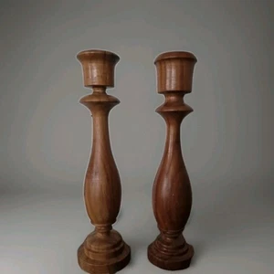 RARE Vintage Pair Handturned Thailand Carved Teak Wood Candle Holder Candlestick - Picture 1 of 11