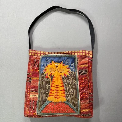 Laurel Burch Style Quilted Cat Art Bag Red Patchwork Shoulder Purse 12x12x4 - Image 1 of 4