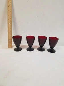 4-pc Vintage Anchor Hocking Royal Ruby Red Wine Depression Glass Footed 3-3/8". - Picture 1 of 4