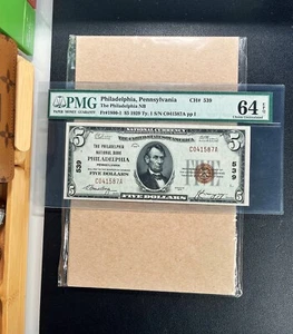 1929 $5 The Philadelphia National Bank PHILADELPHIA PA "Charter #539" PMG 64 EPQ - Picture 1 of 2