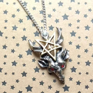 Baphomet Ziegenkopf Pentagramm silber goldfarben Anhänger Halskette verboten Gothic - Bild 1 von 3