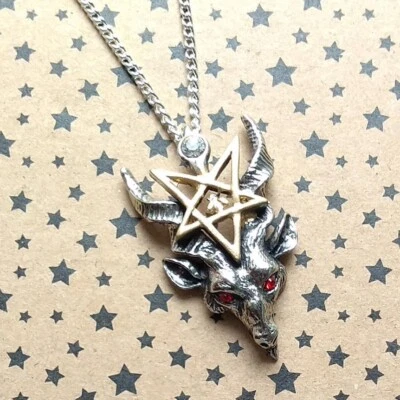 Baphomet Ziegenkopf Pentagramm silber goldfarben Anhänger Halskette verboten Gothic - Bild 1 von 3