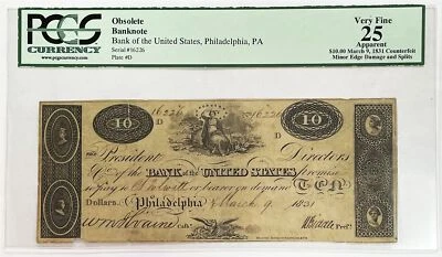 1831 CENTRAL BANK OF  UNITED STATES PHILADELPHIA $10 OBSOLETE BANKNOTE PMG VF 25 - Image 1 of 2