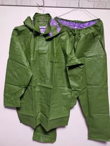 Japan retro green vinyl rainsuits PVC hooded jacket and pants set raincoat - Picture 1 of 18