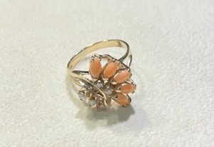 Anillo de diamantes coral cabujón marquesa rosa salmón hawaiano genuino oro 14k - Imagen 1 de 8