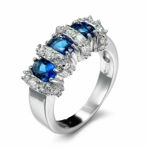 925 Sterling Silver Blue Rhinestone White Topaz Wedding Engagement Ring Size 9 - Picture 1 of 2