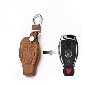 For Mercedes Benz 3 Button Brown Remote Fob Bag PU Leather Car Key Cover Case - Picture 1 of 7